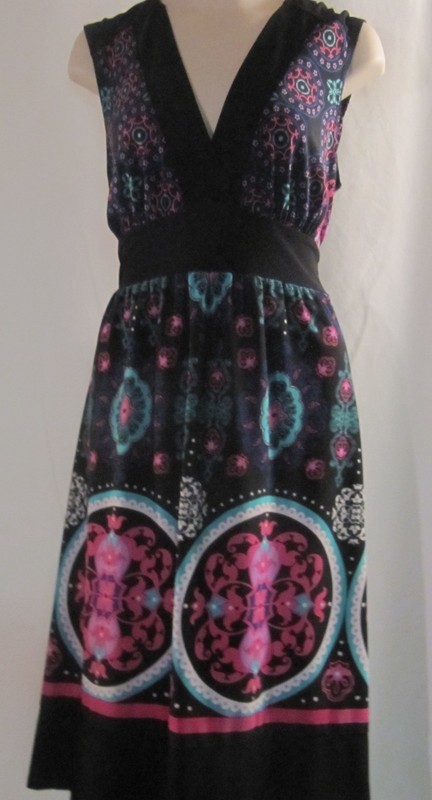 Wrapper Sleeveless Black Dress with Pink Turquoise and White Flowers Size Medium