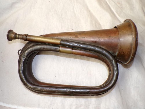 ORIGINAL WWI 1915 BOOSEY & CO BRITISH ARMY COPPER BUGLE IN WELL USED CONDITION