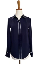 H&M Size 2 Navy Blue Button Up Shirt With White Piping Preppy Corpcore Academia 