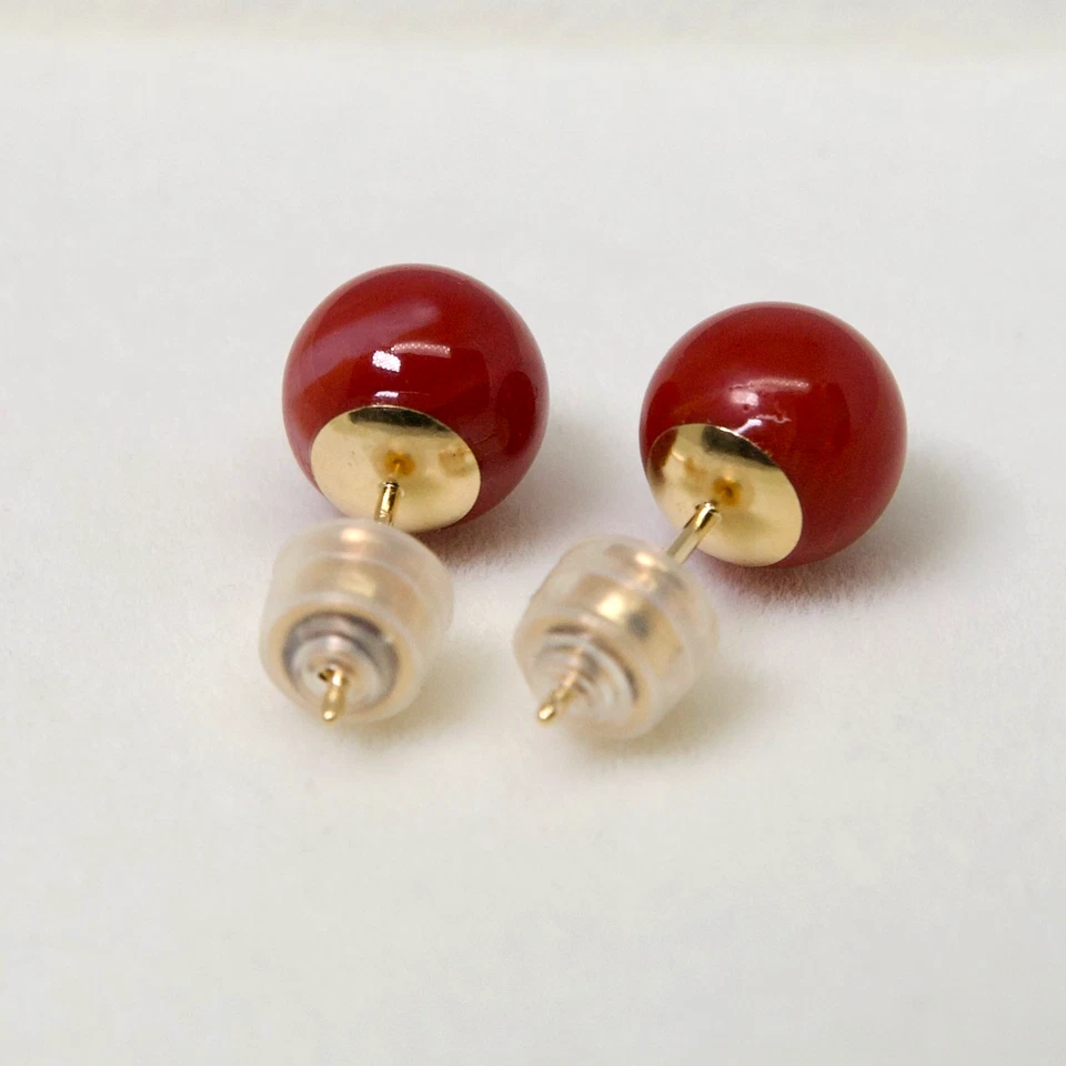 Pendientes de coral rojo Aka japonés de alta calidad de 9,3 mm de profundidad de oro amarillo de 18 quilates Foto 3 de 4