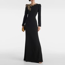 Luxury Mermaid Evening Dress Black Long Sleeves Crystals O Neck Evening Gowns
