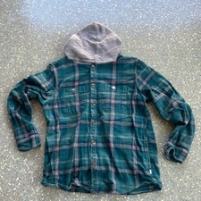 Katin Men's Plaid Flannel Hooded Button-Up Shirt Green Gray Blue youth XL