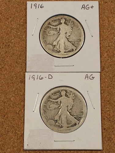 1916 and 1916-D Liberty Walking Half Dollars, Both AG Condition, Undamaged