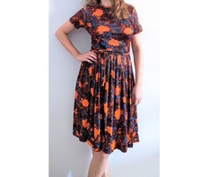 50-60's Autumnal Floral A-Line Dress w Belt - Vintage Kay Windsor - Fits Small