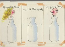 CONGRATULATIONS Man & Woman in Mik Bottles 3-Panels 12x8" Greeting Card Art #nn