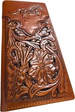 Western Stakes Leather Long Wallet Floral Embossed Horse Stallion Tooled Bi