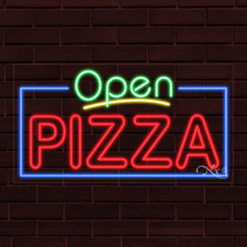 NEW "OPEN PIZZA" w/BORDER 33x18x1 INCH LED FLEX WINDOW/WALL INDOOR SIGN 35436