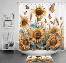 Butterfly Green Leaf Yellow Sunflower Shower Curtain Bathroom Accessories Set