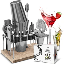 16 Pc+Stand Bartender Kit, Complete Cocktail Shaker Bar Tools Set & Recipe book