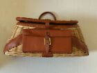 Vintage British Hon Kong-Made Wicker & Leather Fishing Creel Basket With Handle