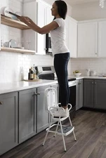 White Retro Flip Up Step Stool Chair Counter Height Kitchen Office Home Ladder