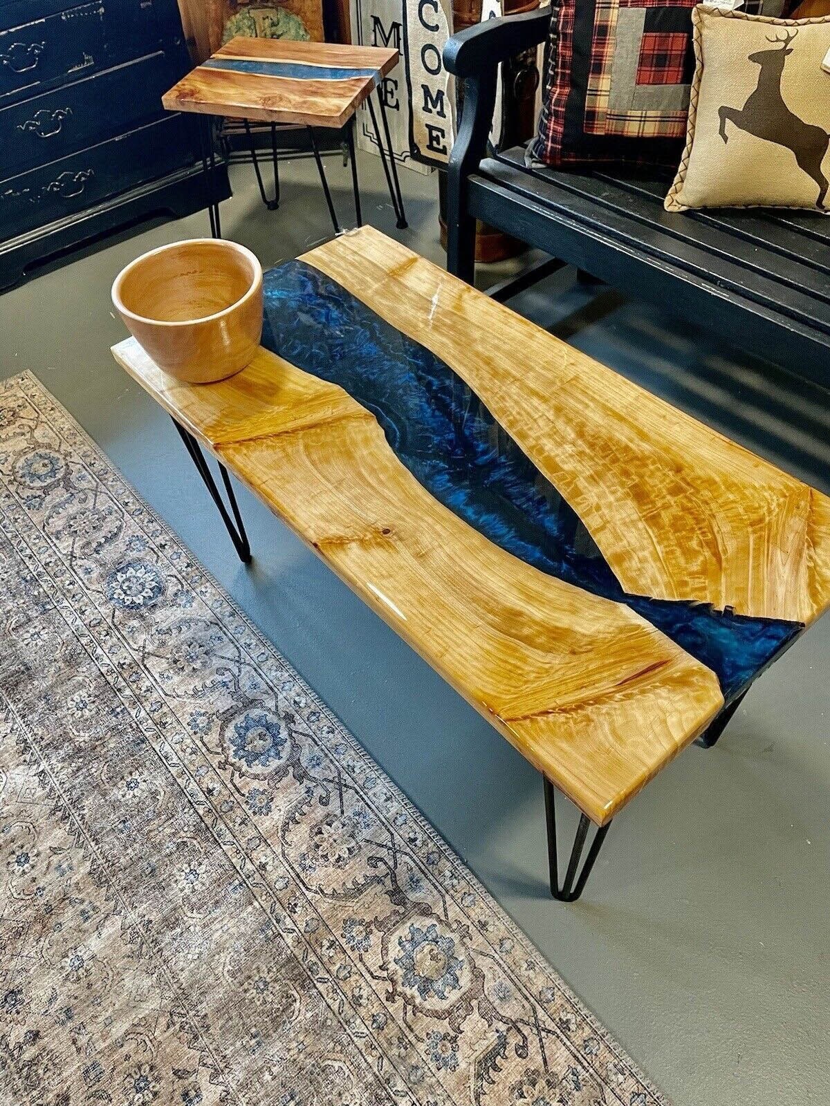 Epoxy Wood Table with Blue Resin Dining or Sofa Center Table 48x24 Inches-image