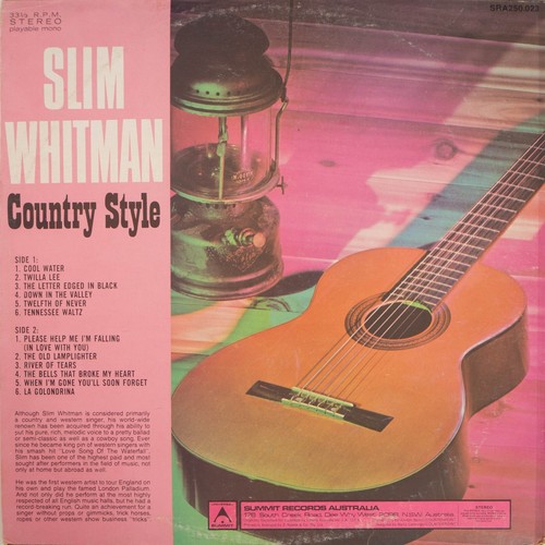 SLIM WHITMAN - COUNTRY STYLE - Vinyl LP - Summit Records - 1968 - VG (HHR01065) - Picture 2 of 2