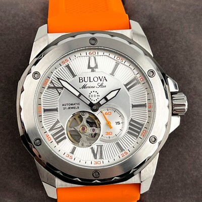 Bulova Marine Star Automatic 45mm White Dial Rubber Strap Men's Watch 98A226