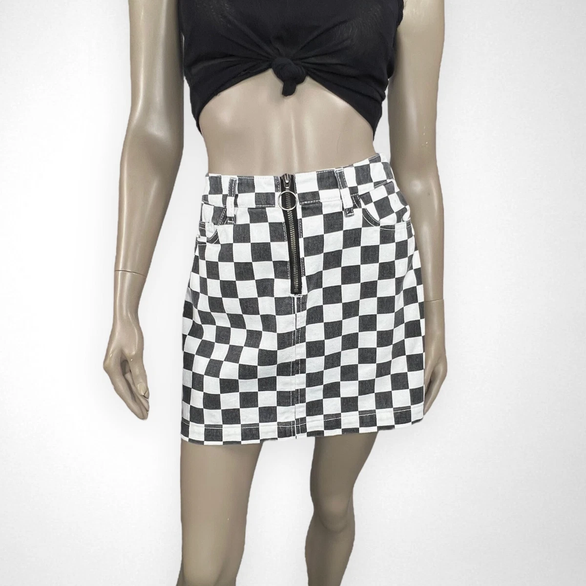 Checkered Denim Mini Skirt