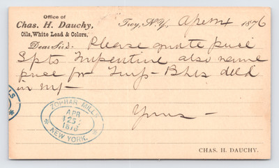 1876 Chas. H. Dauchy Paint Co. Postal Card Troy NY to Zophar Mills Cork Cancel