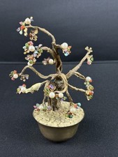 "Árbol bonsai vintage de piedras preciosas de 7"" con perlas y pájaro - árbol Feng Shui"