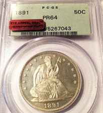 1891 SEATED LIBERTY HALF DOLLAR PCGS PR64 OLDEST OGH CERTIFIED EYE APPEAL CAMEO?