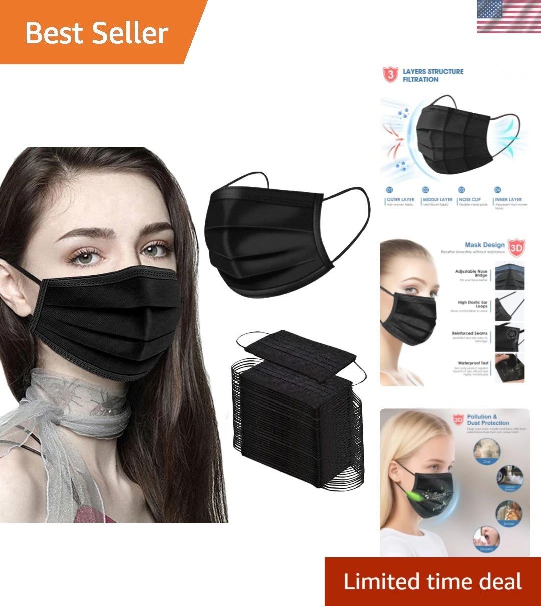Black Disposable Face Masks 50PCS 3 Ply
Opens in a new window or tab