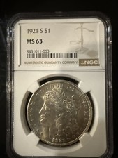 1921 S Morgan Silver Dollar NGC Mint State 63 Uncirculated