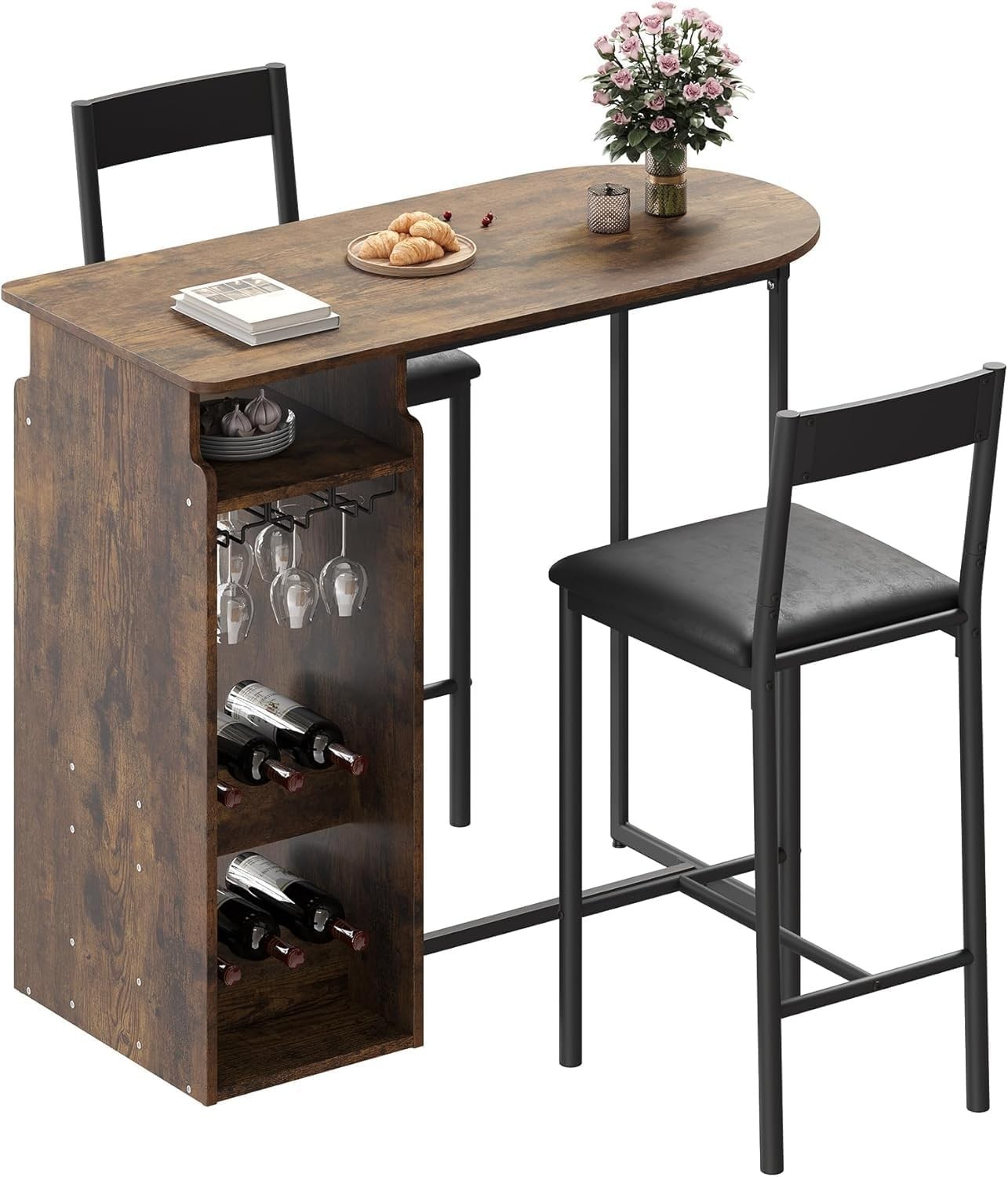 3 Stk Barhocker Stühle für 2-gängiges Esszimmertisch mit Weinkühler Glasständer