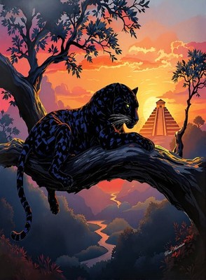 Azteken Panther Leinwandbild Wandbild Modern Bild Unikat Wohndeko Katze Bild