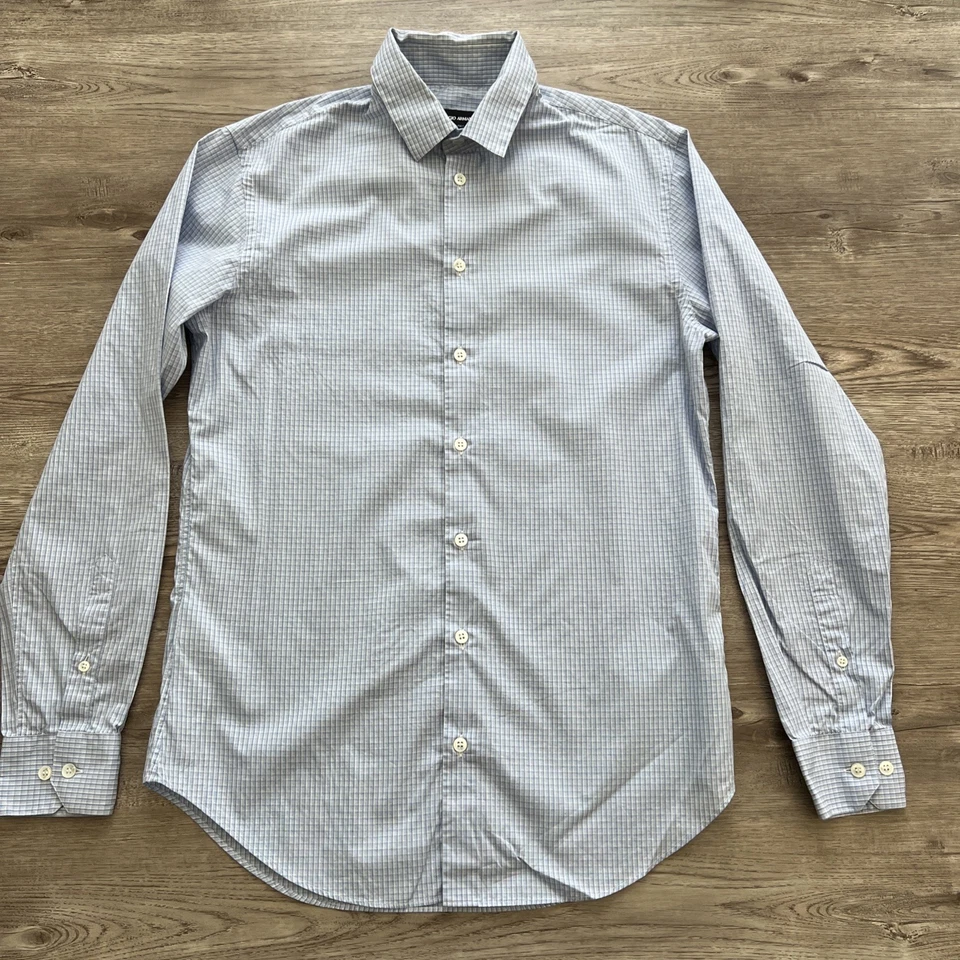 Camisa de vestir a cuadros de algodón Giorgio Armani para hombre 15,5 azul cuello punto puño barril Foto 2 de 4