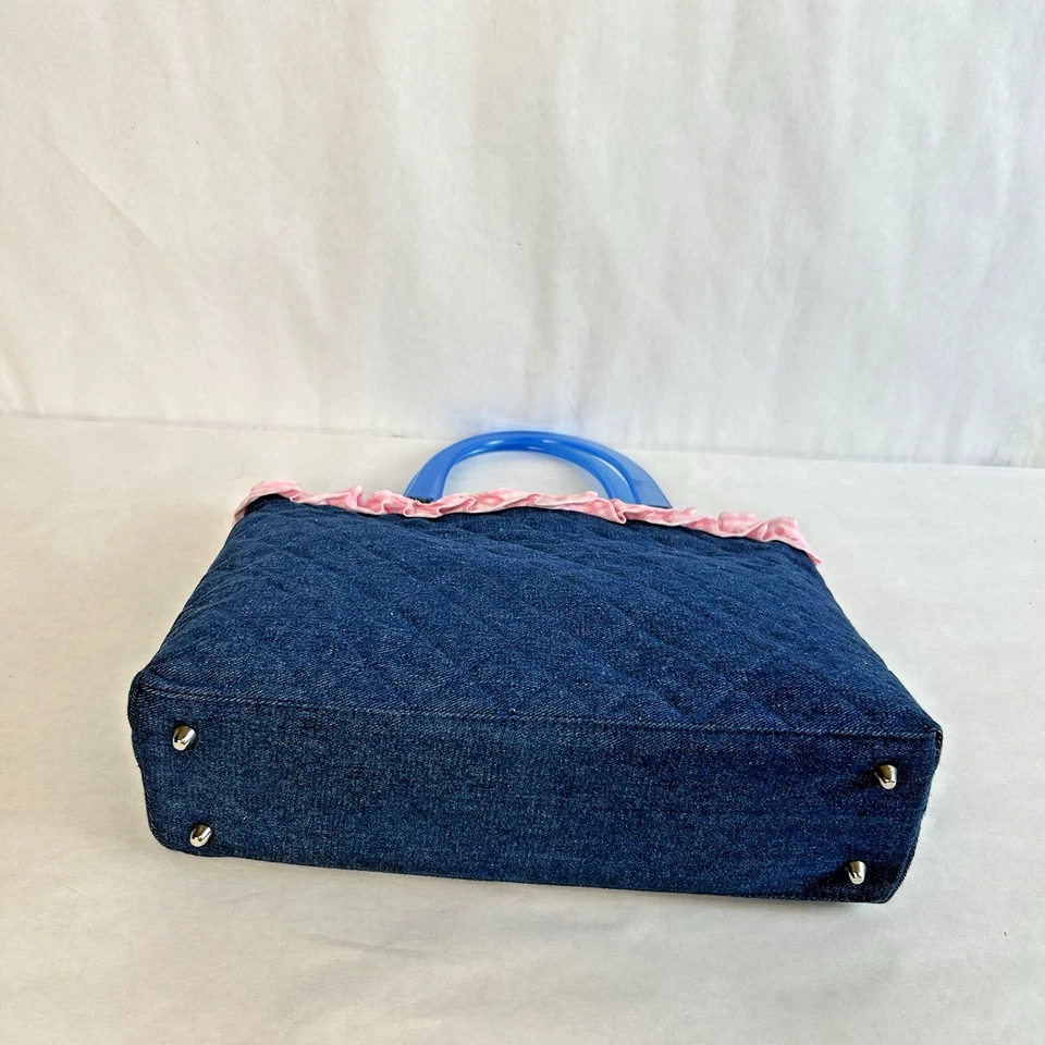 Винтажный OWI Дамская сумка сумочка женщин синий джинсовой ткани выстеганная сумка с короткими ручками розовый имбирь оборки Топ - Изображение 4 из 4