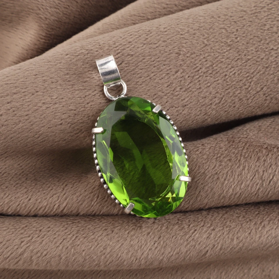 Peridot Gemstone Silver Designer Pendant 1.75" 925 Sterling Silver Jewelry Gift - Image 3 of 4