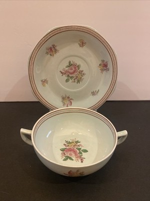 Set of  Adams Calyx Ware Metz Cream Soup Bowl & Saucer Double Handled Peonies