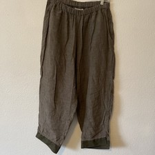 FLAX Pants Womens Medium Olive Crop Linen Pull On Wide Leg Lagenlook Beachy