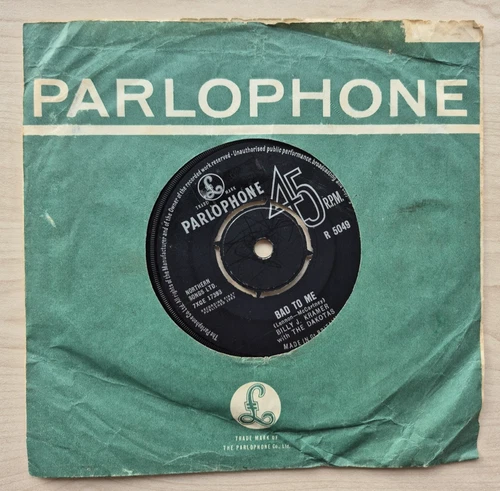 31  BILLY J KRAMER (Beatles) 1963 UK 7"single 'BAD TO ME' Parlophone sleeve  VG