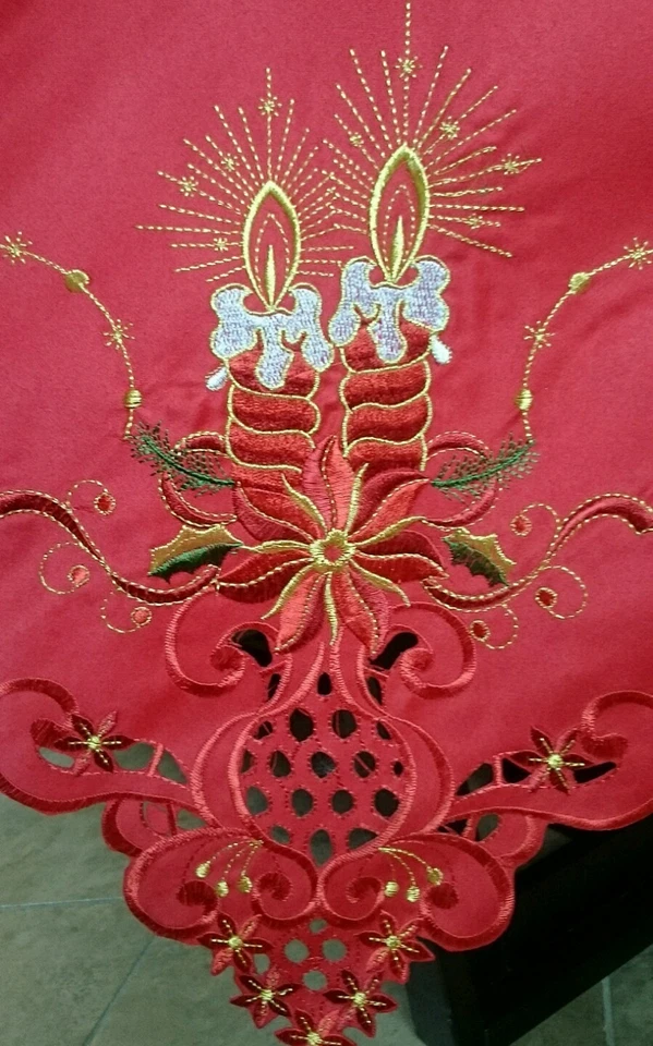 72x90" Embroidery Red Christmas Holiday Poinsettia Tablecloth Napkins Rectangle - Image 4 of 4