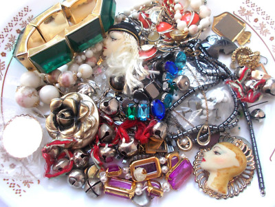 1.3 lb BROKEN JEWELRY LOT Porcelain Face Hematite Milk Glass Craft Repurpose .25
