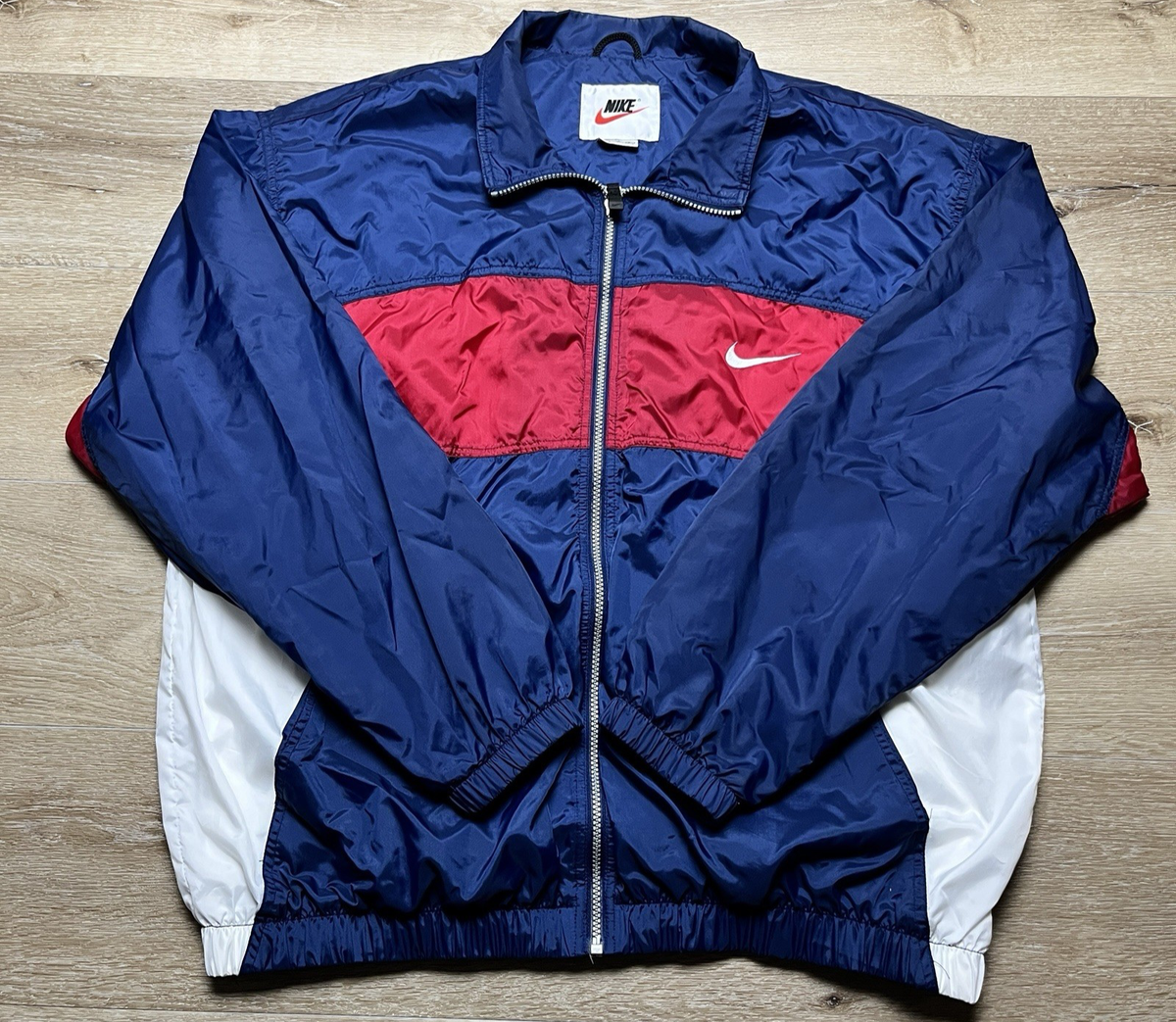 1990s Nike Big NIKE on Back Deep Red White Blue Nylon Track 1990s Nike Big NIKE on Back Deep Red White Blue Nylon Track