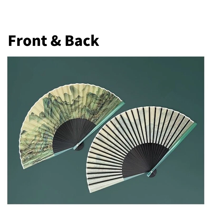 Ventilador Plegable de Bambú Chino 8.7 Pulgadas Portátil Vintage Pintura de Paisaje Verde Foto 4 de 4