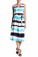 Nine West Ice Blue Multi Striped Sleeveless Blouson Midi Dress w/Side Slit - $99