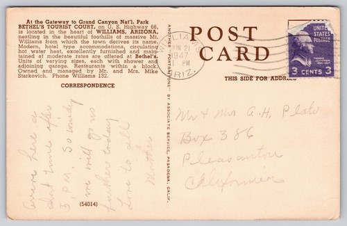 Vintage Postcard 1947 Bethel's Tourist Court Williams Arizona hotel motel - 第 12/14 張圖片