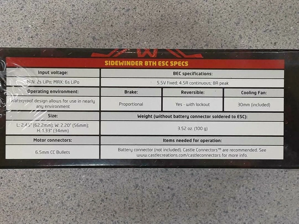 Castle Creations Sidewinder 8th 1/8 Scale Sensorless Brushless ESC 010013910 New - Image 2 of 3