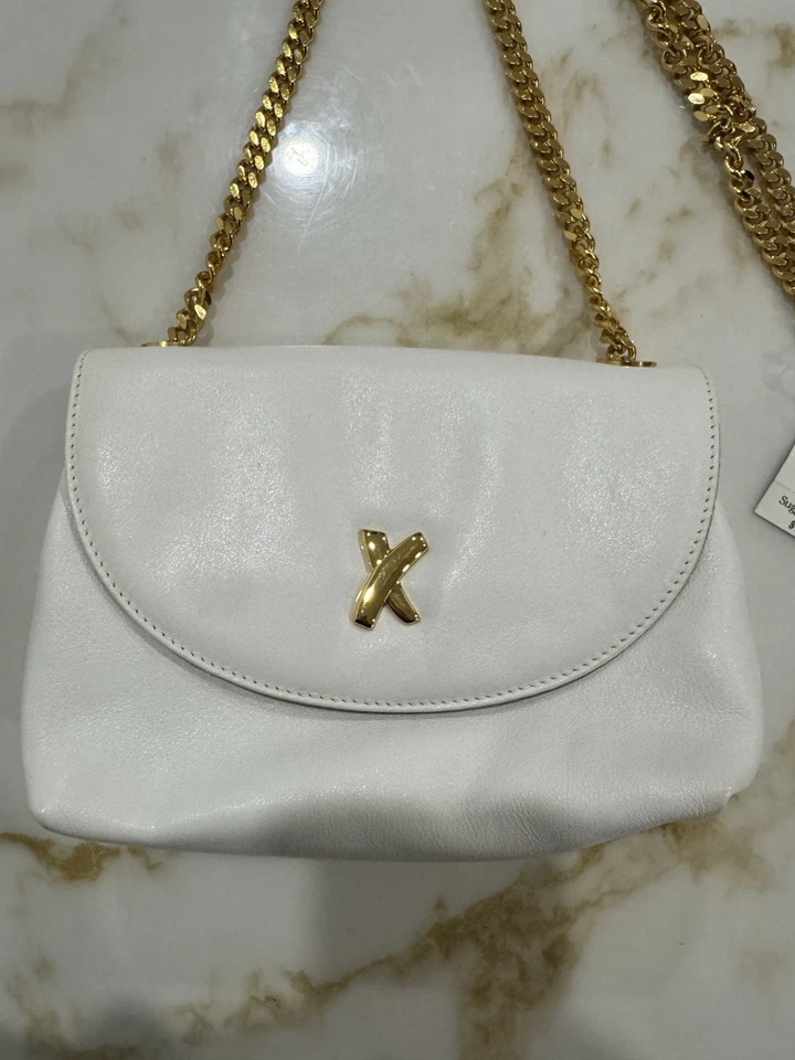 PALOMA PICASSO BOLSA DE OMBRO VINTAGE COURO CREME TIRACOLO CORRENTE DOURADA EXCELENTE ESTADO USADO - Imagem 3 de 4