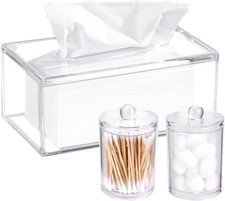 Acrylic Tissue Box Holder with 2PCS Cotton Swab Holder, Clear Tissue Dispenser