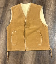 Vtg Western Vest Mens Large Split Leather Fringe Hem Sherpa Lined Cowboy Rancher