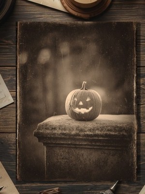 Gothic Jack O Lantern Halloween Greeting Card Vintage Sepia Creepy Pumpkin Photo