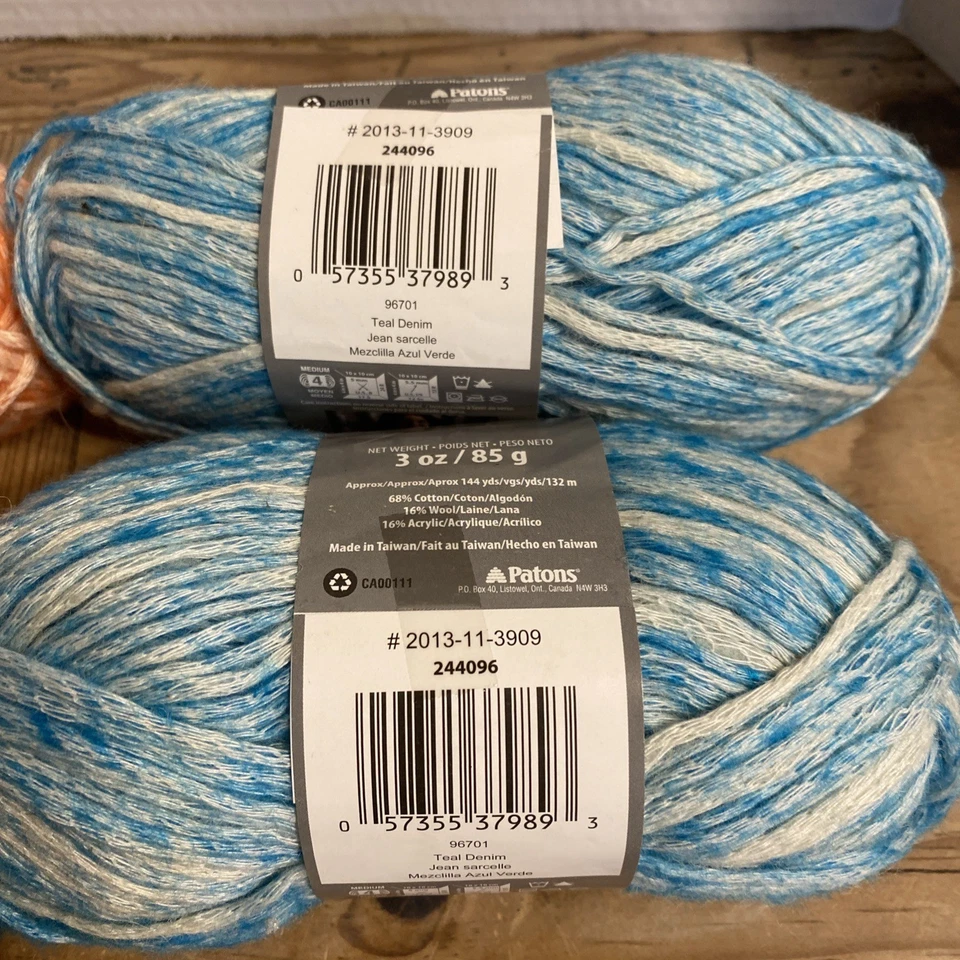 Patons Yarn Denim y  2 Teal & 2 Tangerine Denim Cotton Wool Blend - Image 3 of 4