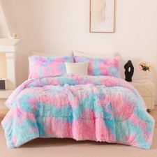 Pink Purple Fluffy Bedding Set Twin Size 3 Pieces Faux Fur Furry Comforter Set f