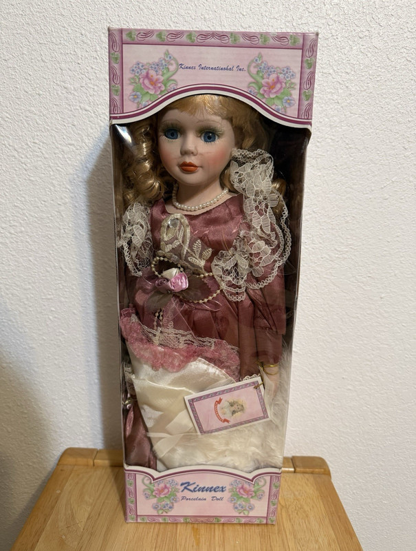 Kinnex Porcelain Doll in Box Blonde Curly Hair Porcelain Material
