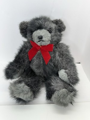 Vintage Handmade By Jackie Gray Bear Plush With Red Holiday Bow Jointed 17 Inch