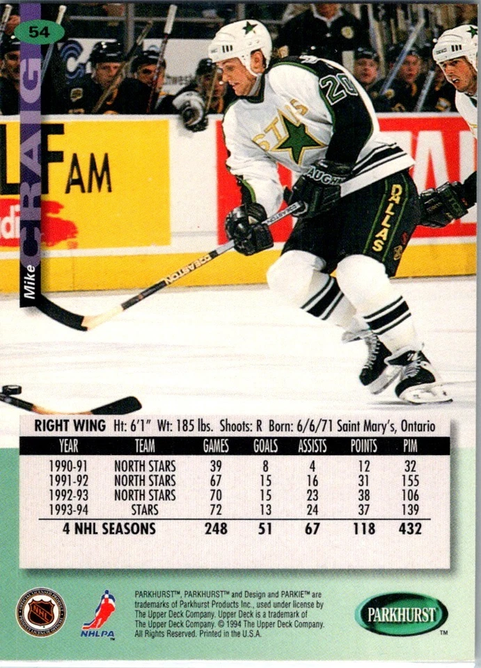 1994-95 Parkhurst Mike Craig Dallas Stars #54 - Image 2 of 2