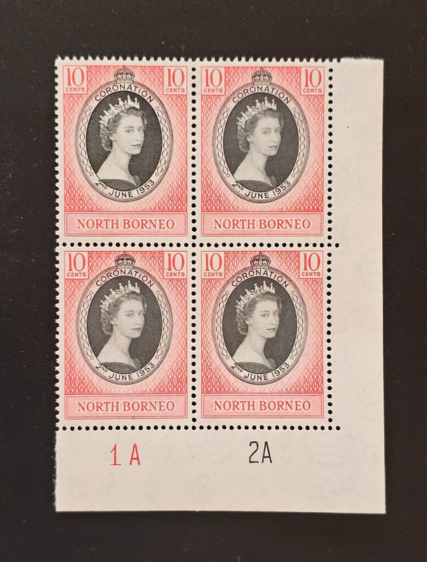 North Borneo 1953 QEII Coronation SG 371 PLATE BLOCK #1A 2A MINT NH