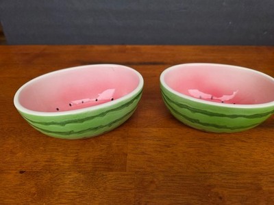 Two Ceramic Oval Watermelon Fruit Bowls  6 inch x 4 inch, Green, Pink